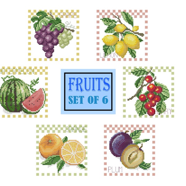 Set of 6 Fruits Cross Stitch Pattern Lemon Cross Stitch Pattern Fruits X Stitch PDF Pattern