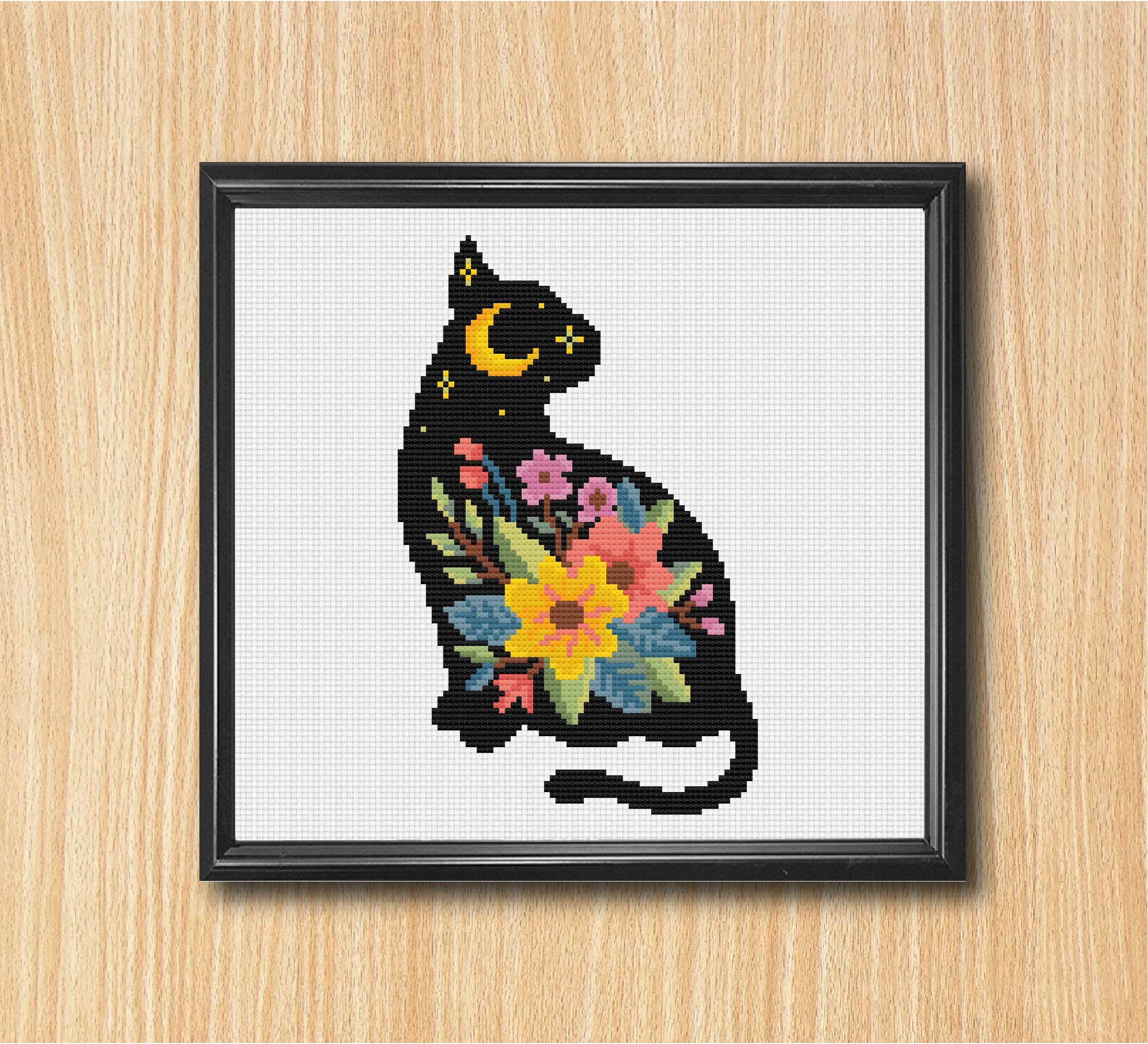 Flower Cat Cross Stitch Pattern Black Cat Cross Stitch Cat Floral Cross ...