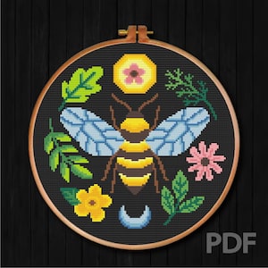 Bee Flower Cross Stitch Pattern Bee Cross Stitch Pattern Modern Cross Stitch Insects Cross Stitch Pattern PDF