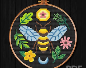 Bee Flower Cross Stitch Pattern Bee Cross Stitch Pattern Modern Cross Stitch Insects Cross Stitch Pattern PDF