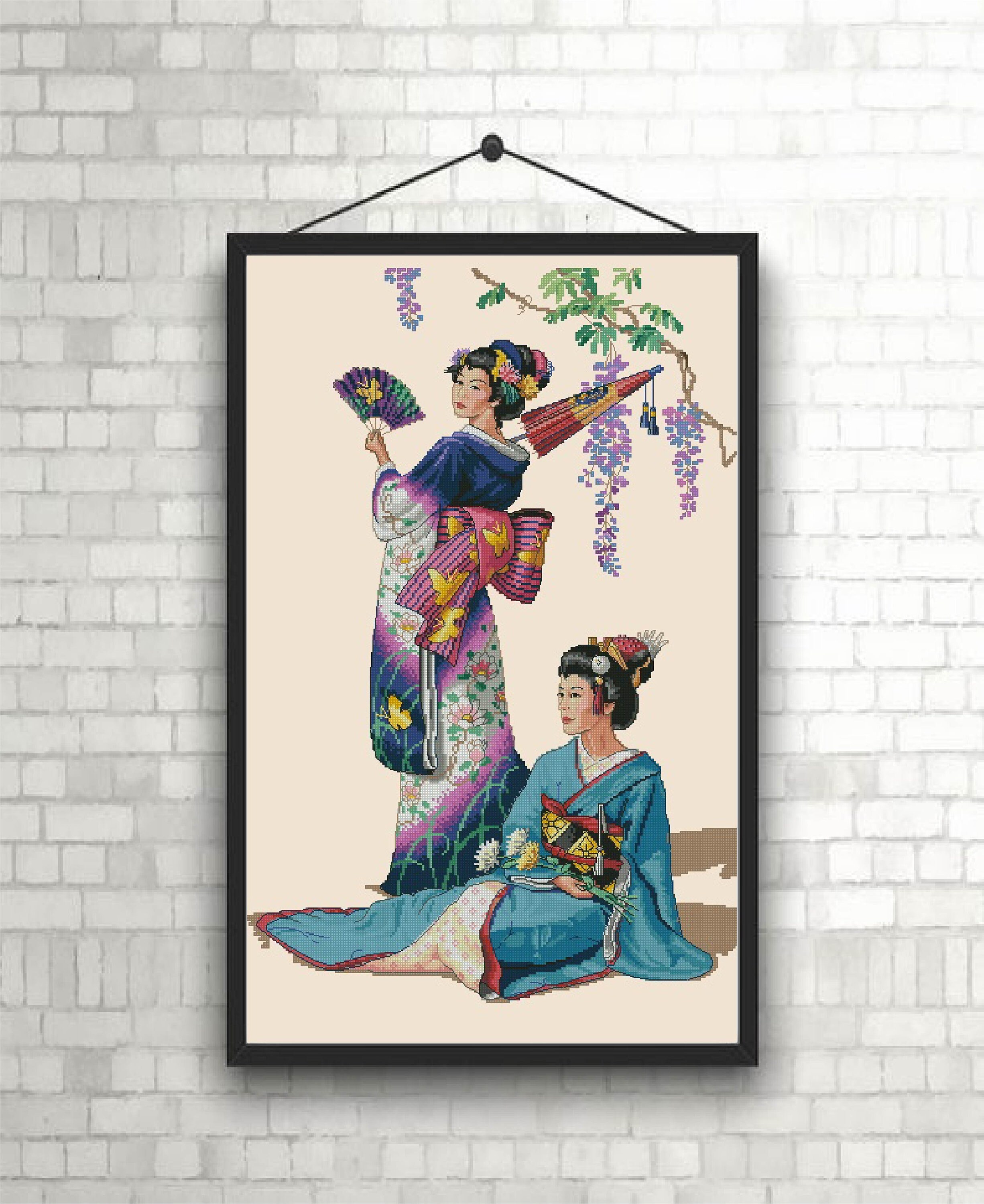 Japanese Women Cross Stitch Pattern Kimono Cross Stitch Etsy