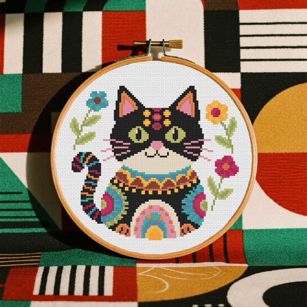 Folk Art Cat Cross Stitch Floral Cat Cross Stitch Abstract Cat Cross Stitch PDF