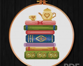 Stack of Books Cross Stitch Pattern Book Lover cross stitch Pattern Bookworm Cross Stitch