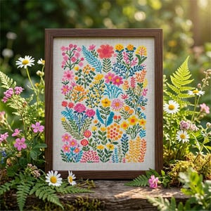Pode incluir: Um bordado em ponto cruz emoldurado apresentando um padrão botânico vibrante e multicolorido de várias flores e fetos em tons de rosa, amarelo, laranja e azul sobre um fundo de tecido claro, dentro de uma moldura de madeira castanha escura.