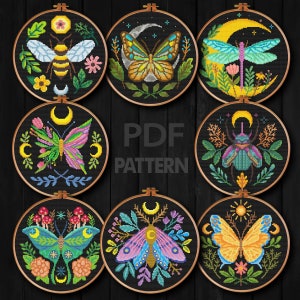 Insects Flower Cross Stitch Bundle Moth Cross Stitch Pattern Insects Cross Stitch Set Butterfly Cross Stitch Bee Cross Stitch Pattern PDF