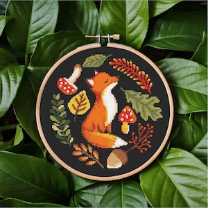 Kruissteekpatroon vos Herfst kruissteekpatroon Kruissteek vos en bladeren bos kruissteekpatroon