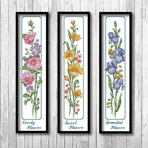 3つの花のクロスステッチパターンのセット 花の絵画クロスステッチパターン 春のXステッチフラワーPDFパターン