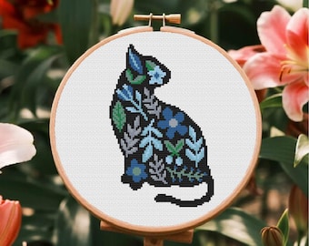 Floral Cat Cross Stitch Pattern ,Black Cat Cross Stitch ,Cat and Flowers Cross Stitch PDF