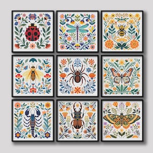 May include: Nine framed art prints featuring colorful insect illustrations. Each print showcases a different insect, including a ladybug, dragonfly, bee, wasp, spider, butterfly, scorpion, beetle, and moth, surrounded by floral patterns.