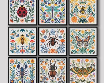カマキリのクロスステッチパターン、カラフルな昆虫のパターン、簡単な