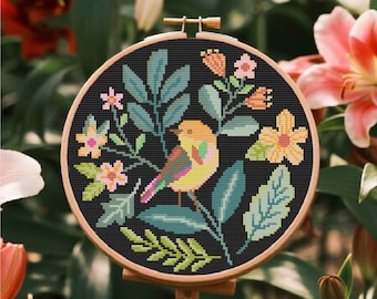 かわいい花柄の鳥のクロスステッチパターン | フープ刺繍 | PDF | すぐ