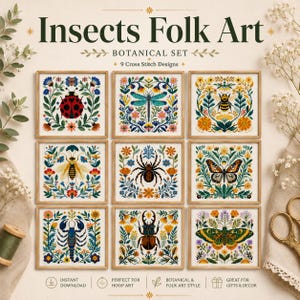 Może przedstawiać: Cyfrowa kolekcja zatytułowana Insects Folk Art Botanical Set zawierająca 9 wzorów haftu krzyżykowego. Każdy kwadratowy wzór przedstawia unikalnego owada, w tym biedronkę, ważkę, pszczołę, pająka, motyla, skorpiona i chrząszcza, otoczone motywami kwiatowymi.
