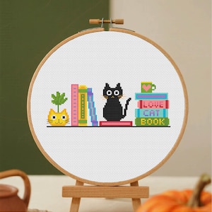 Cat and Books Cross Stitch Pattern Black Cat Cross Stitch Reading Cross Stitch Books Lover Cross Stitch Pattern PDF