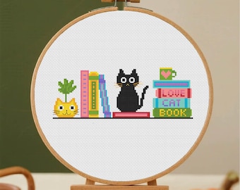 Cat and Books Cross Stitch Pattern Black Cat Cross Stitch Reading Cross Stitch Books Lover Cross Stitch Pattern PDF