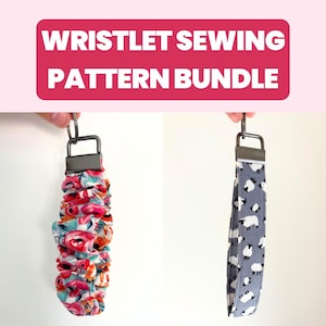 Può includere: Sono mostrati due portachiavi da polso. Uno presenta un motivo floreale con fiori rossi, rosa e turchese. L'altro ha uno sfondo grigio con pecore bianche. Il testo "WRISTLET SEWING PATTERN BUNDLE" è in un rettangolo rosa.