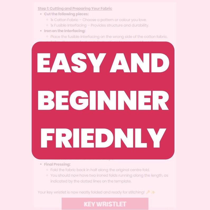 May include: A pink and white graphic with the text "EASY AND BEGINNER FRIENDLY" in white text. The text is on a pink background. The graphic is a guide for making a key wristlet.