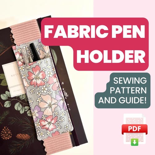 fabric pen holder materials and tools: cotton fabric, interfacing, elastic, sewing machine, rotary cutter
