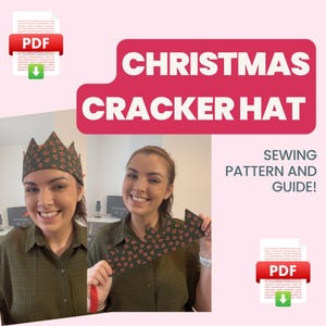 May include: A woman wearing a red and green Christmas cracker hat. She is holding a red and green Christmas cracker hat in her hand. The image includes the text "CHRISTMAS CRACKER HAT" and "SEWING PATTERN AND GUIDE!"