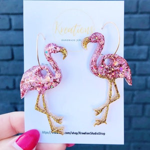 Flamingo Statement earrings handmade with resin, Big hoop earrings with Flamingo, Fun pink bird earrings, gift for bird lover