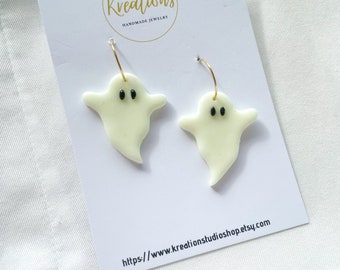 Ghost Dangle Earrings Handmade with Glow in the Dark Polymer Clay, Halloween Earrings, Pumpkin Spice, fun ghost dangles,  Spooky ghost