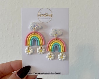 Pastell Regenbogen Fimo ohrring mit Gänseblümchen, handgemachte Pride Statement Ohrringe, Niedliche und bunte ohrringe, Polymer Clay