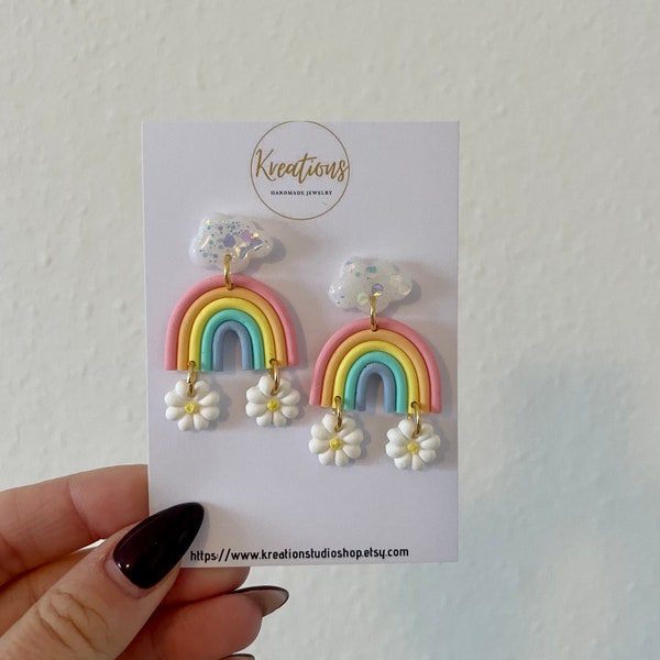 Pastel colour Rainbow earring with daisy flower, Handmade Pride Statement Earrings, Cute and quirky novelty earrings, Clay Arch Earrings