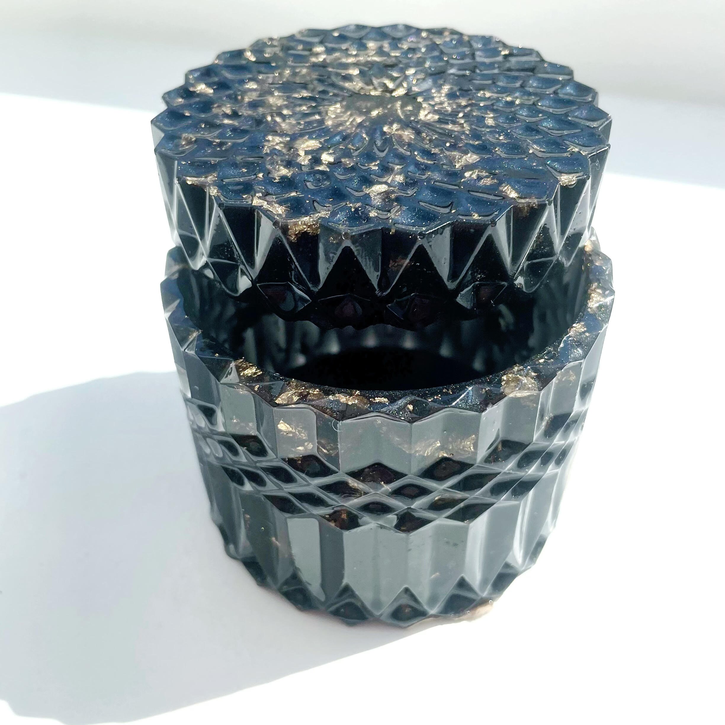 Resin box with lid handmade in black with golden details Etsy