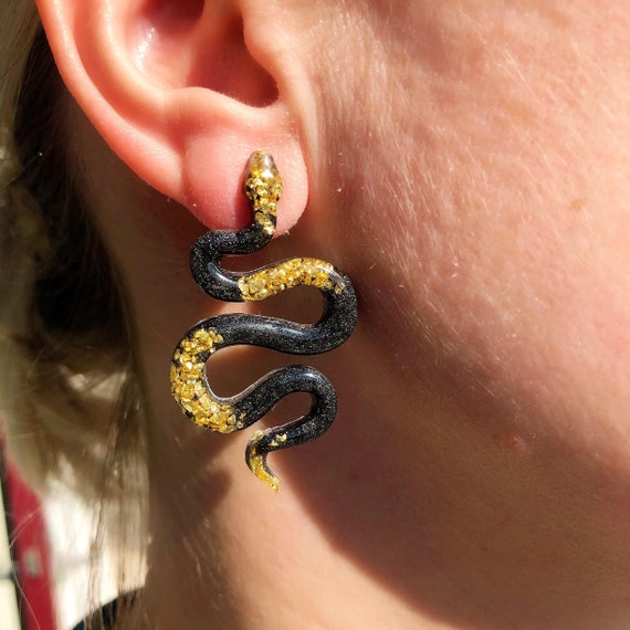 Snake Earrings in Black and Gold, Handmade Long Resin Earrings With Big  Snake, Statement Earring With Animal, Silver Stud Earring With Snake - Etsy