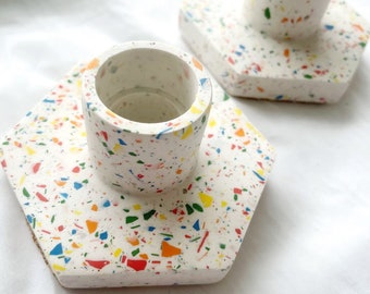 Rainbow Terrazzo candle holder in modern minimalist nordic design handmade with jesmonite, Scandinavian design, Nordic Home