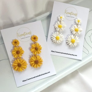 Sunflower and daisy dangle earrings handmade with polymer clay, Cute flower earrings for women, Dainty drop earrings, Cute and quirky