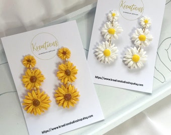 Sunflower and daisy dangle earrings handmade with polymer clay, Cute flower earrings for women, Dainty drop earrings, Cute and quirky