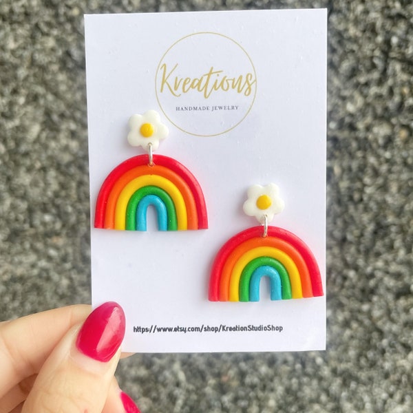 Rainbow clay earring with daisy, Handmade Pride Statement Earrings, Cute and quirky novelty earrings, Clay Arch Earrings