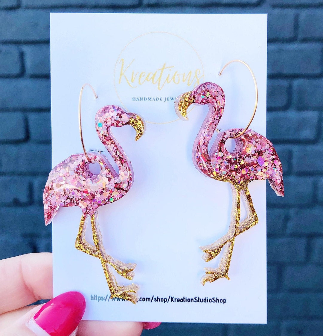 Flamingo Statement Earrings Handmade With Resin, Big Hoop Earrings With ...