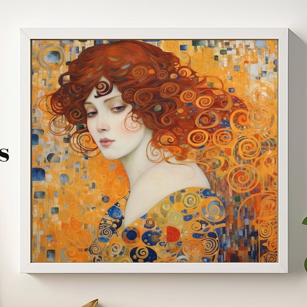 Golden-Hued Woman Portrait | Digital Art | Art Nouveau Influence | Rich Golden Tones | Feminine Beauty | Bohemian Wall Art | Artistic Homage