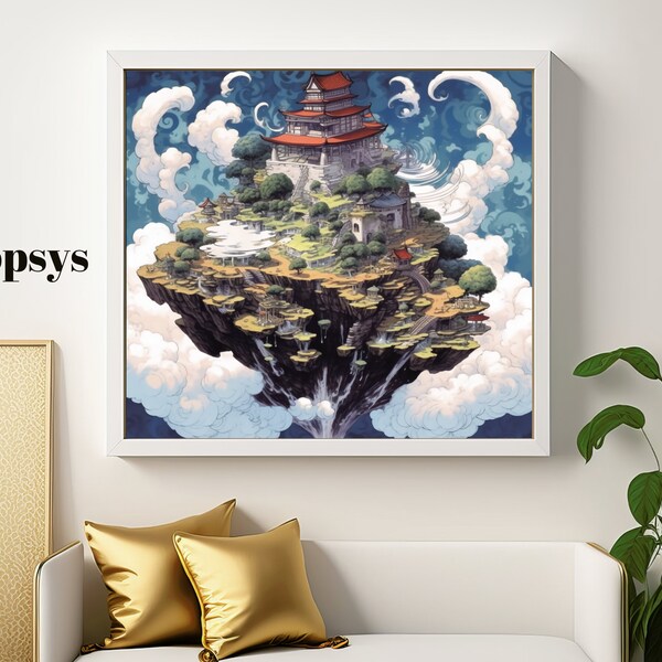 Japanese Floating Island Art: Serene Digital Print Depicting a Tranquil Island Oasis, Nature Harmony, Mystical Zen, Home Decor Wall Art