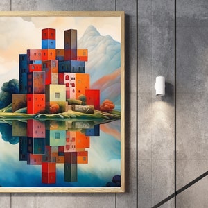 Medieval Landscape Poster | Piet Mondrian Style | Abstract Modern Art | Contemporary Wall Decor | Dreamlike Architectural Beauty