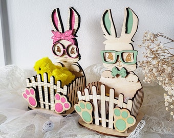 Cesta personalizada de cerca de piquete de conejito de madera de Pascua para niños / Conejito niño o niña / Caja de regalo de Pascua / Caja de chocolate