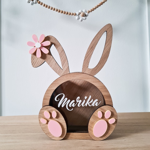 Tirelire personnalisée en bois découpée au laser avec fleur en acrylique / tirelire / coffret cadeau pour enfants