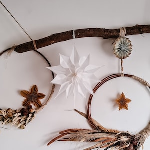 Large White Paper Christmas Star Wall or Window Hanging Decoration with Wooden Little Star