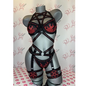 Swarovski Devil  Lingerie 4 piece Set Black Red