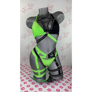 Swarovski Unique  neon green black Lingerie 4 piece Set