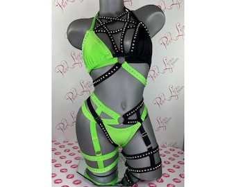 Swarovski Unikat Shego inspiriert neon grün schwarz Dessous 4er Set