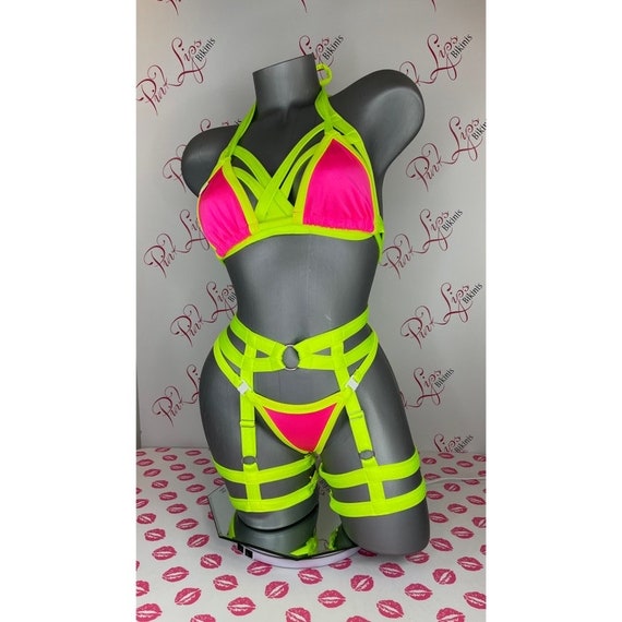 Neon Hot Pink Yellow Lingerie 4 Piece Set 