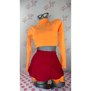 Sugarpuss BRAINS of the MYSTERY GANG Set Orange Crop Tank Top Burgundy Mini  Circle Skirt Cosplay Costume 