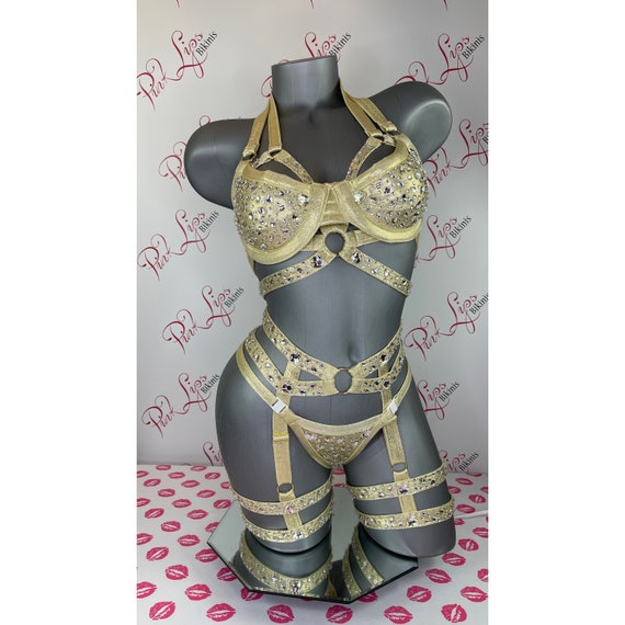 Gold Lingerie Swarovski Garter Set Pinklips Bikini - Etsy