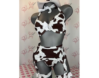 Brown White Cow Print Country Lingerie Swarovski Garter Set - Etsy