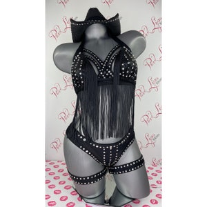 Disfraz de vaquera negro Swarovski exclusivo para festival, 7 piezas