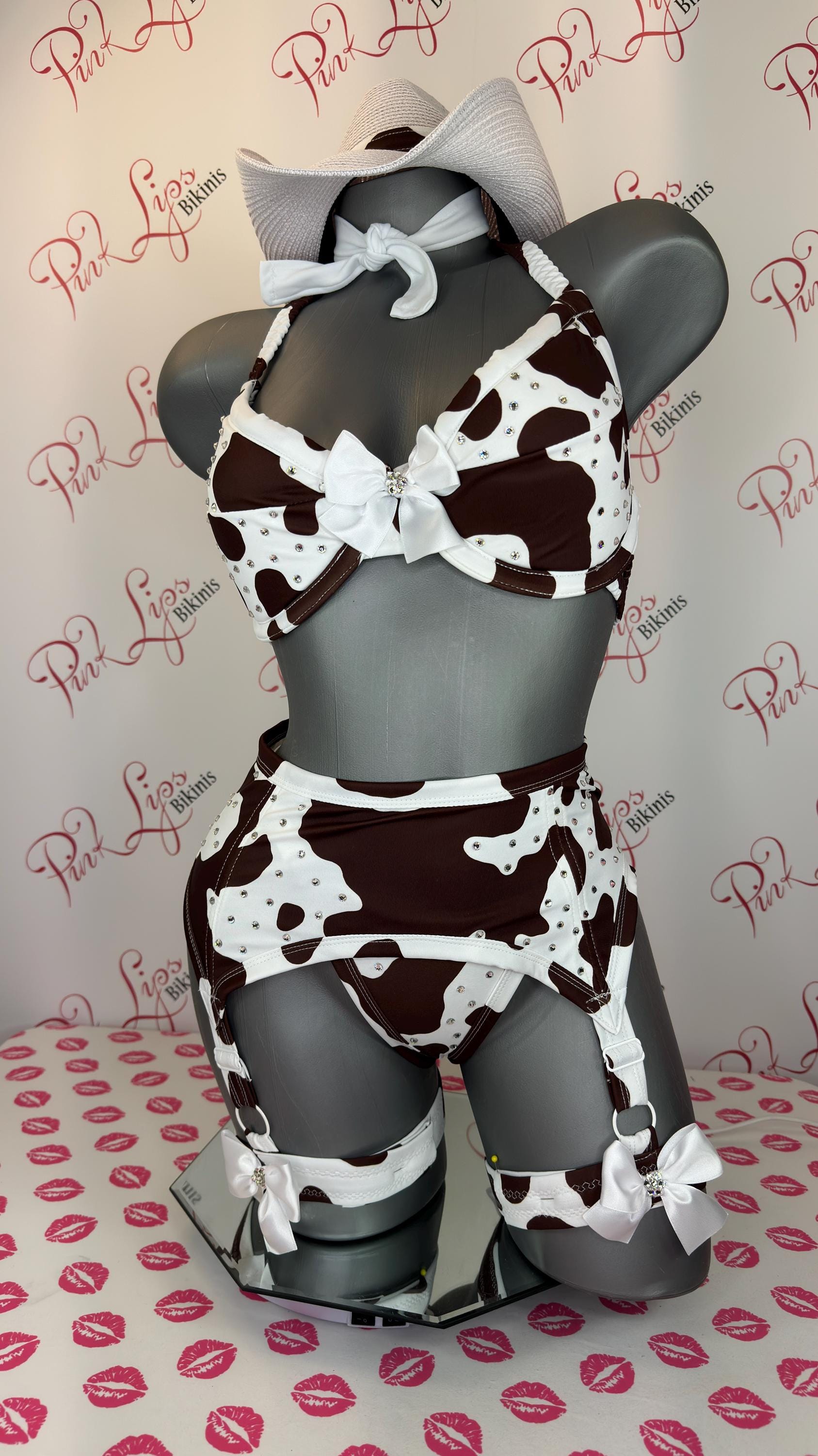 Brown White Cow Print country Lingerie Swarovski Garter Set