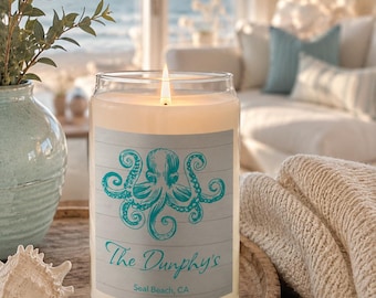 Personalized Octopus Beach House Candle | Coastal Family Name Ocean Decor