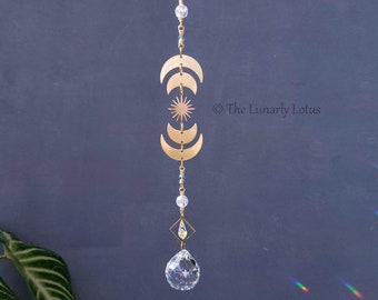 Atrapasol de luna, atrapasol dorado, atrapasol bohemio, decoración de brujas, atrapasol de cristal, regalos brillantes, regalo de inauguración de la casa, atrapasol de ventana
